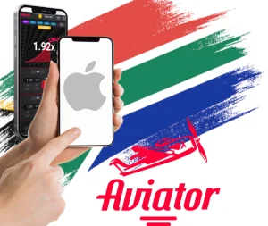 A hand holding a cell phone in front of a flag of the south africa and logo of aviator game and ios OS
