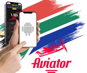 A hand holding a cell phone in front of a flag of the south africa and logo of aviator game and androis OS

