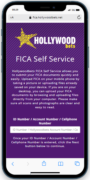 fica service of the hollywoodbets on the cell phone screen