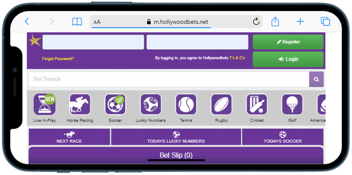 A cell phone with a purple screen and icons on it showing the Hollywoodbets app screen

